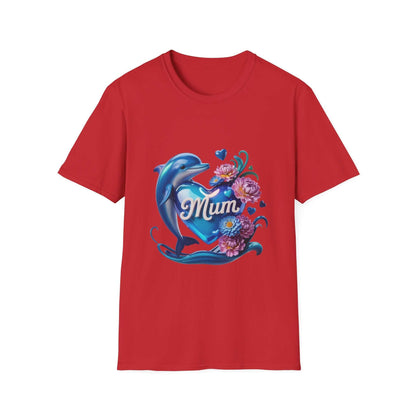 Cute red Dolphin Heart Mum T-Shirt with flowers, perfect for Mother's Day and made from soft ring-spun cotton.