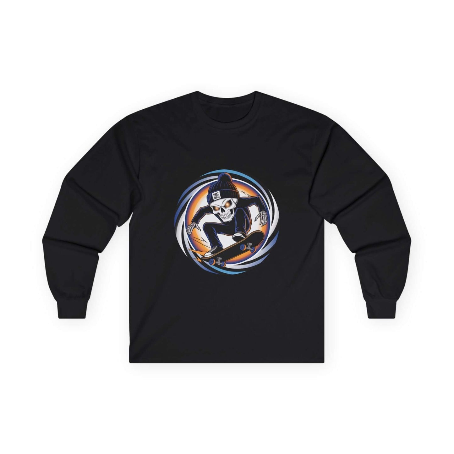 Edgy skater long sleeve t-shirt featuring a skeleton mid trick on skateboard wearing a 'Phat Skulls' beanie, perfect for streetwear enthusiasts.