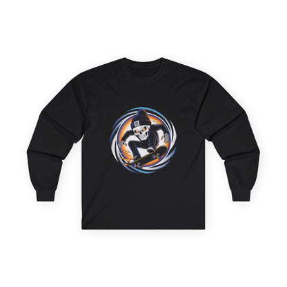 Edgy skater long sleeve t-shirt featuring a skeleton mid trick on skateboard wearing a 'Phat Skulls' beanie, perfect for streetwear enthusiasts.