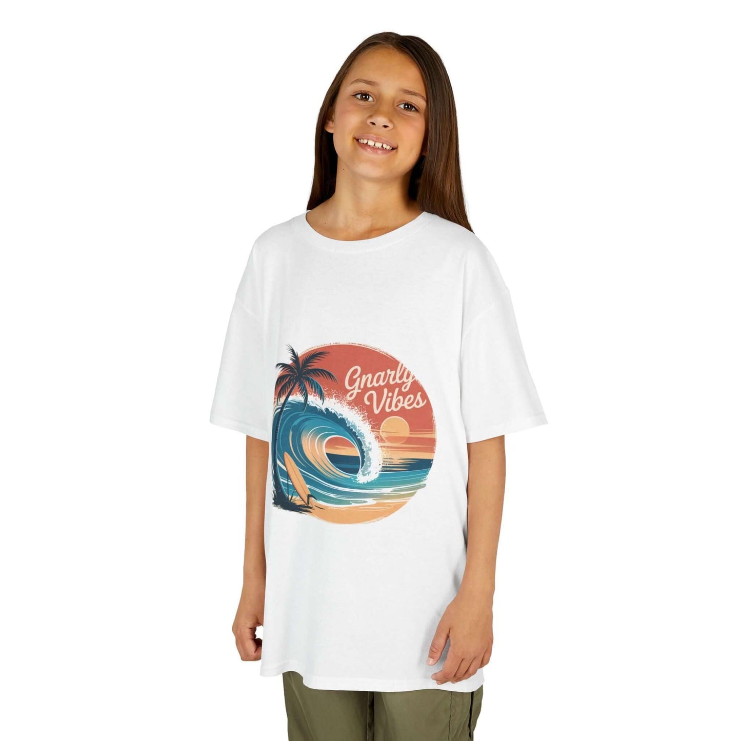 Kids tee with retro big wave surf design and 'Gnarly Vibes' text, perfect for summer beach vibes.