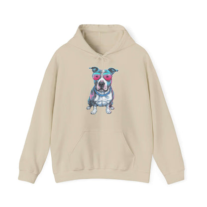 Pit Bull hoodie featuring a colorful illustration of a pit bull wearing pink sunglasses with a retro synth-wave effect.