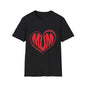 Heart shape 'MUM' Mother's Day T-shirt in black with red lettering, perfect for celebrating moms.