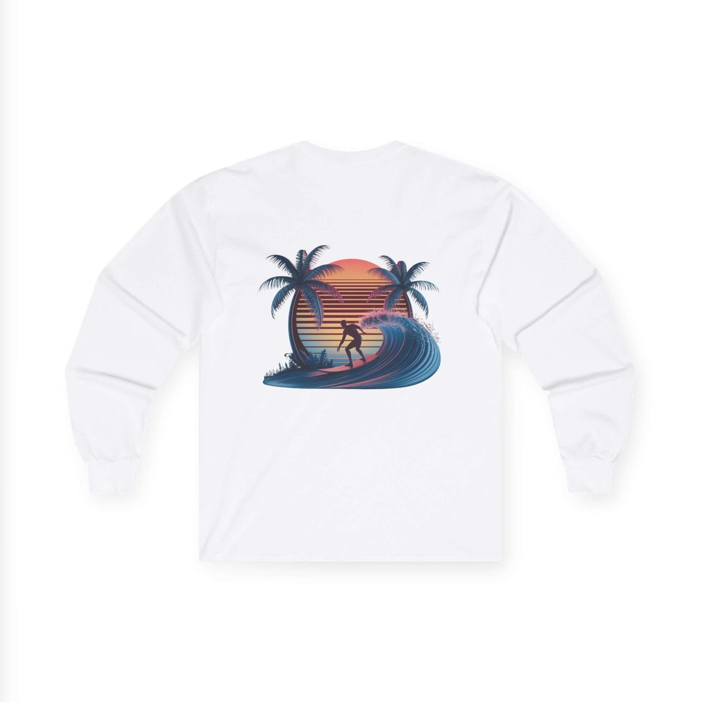 Long sleeve shirt with sunset surfer illustration, palm trees, and synth-wave effect on the back, perfect for beach culture.