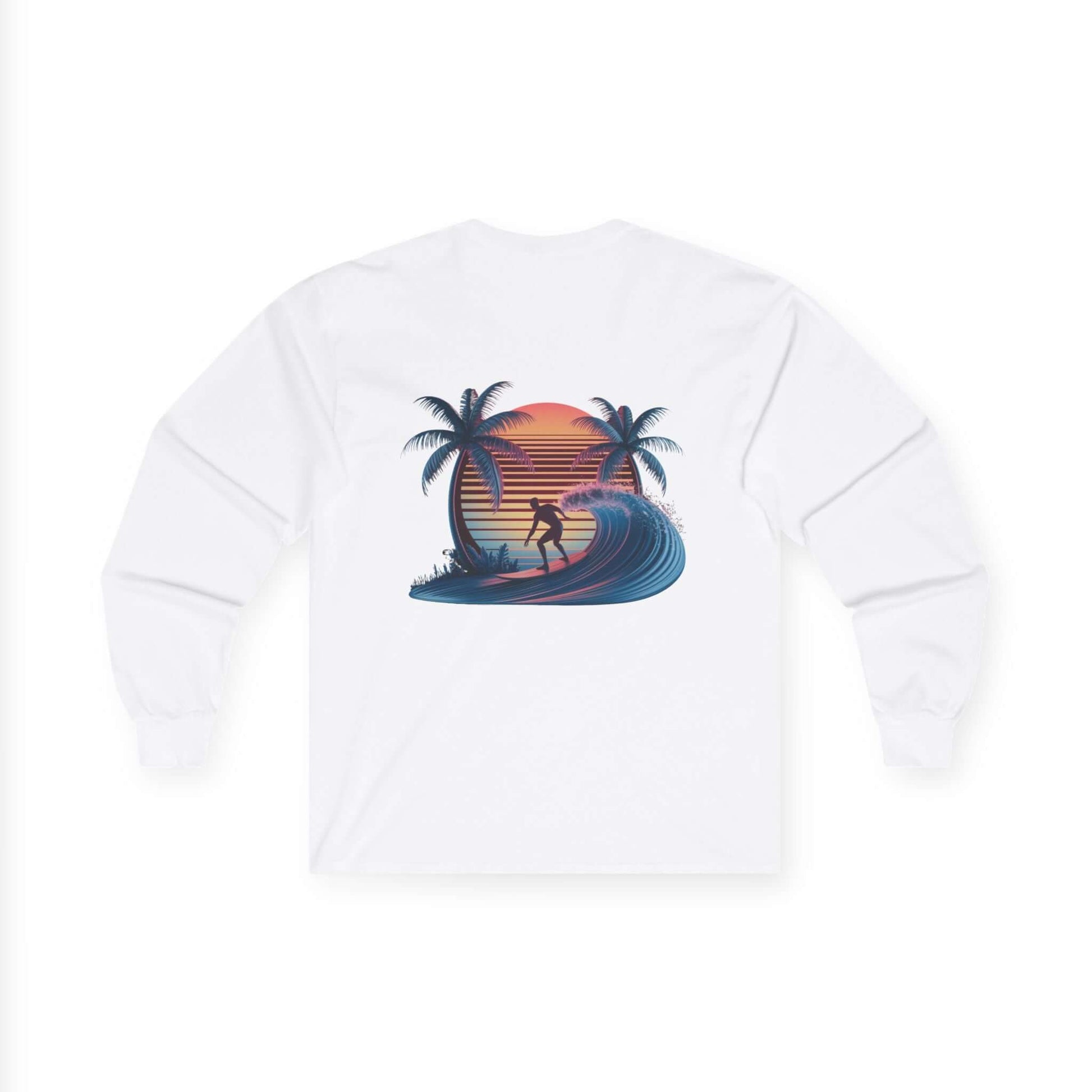 Long sleeve shirt with sunset surfer illustration, palm trees, and synth-wave effect on the back, perfect for beach culture.