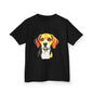 Cute hound dog illustration on a black kids tee, perfect for dog lovers and young animal enthusiasts.