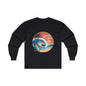 Vintage sunset beach long sleeve tee with big wave and tropical sunset, perfect for surf culture lovers.
