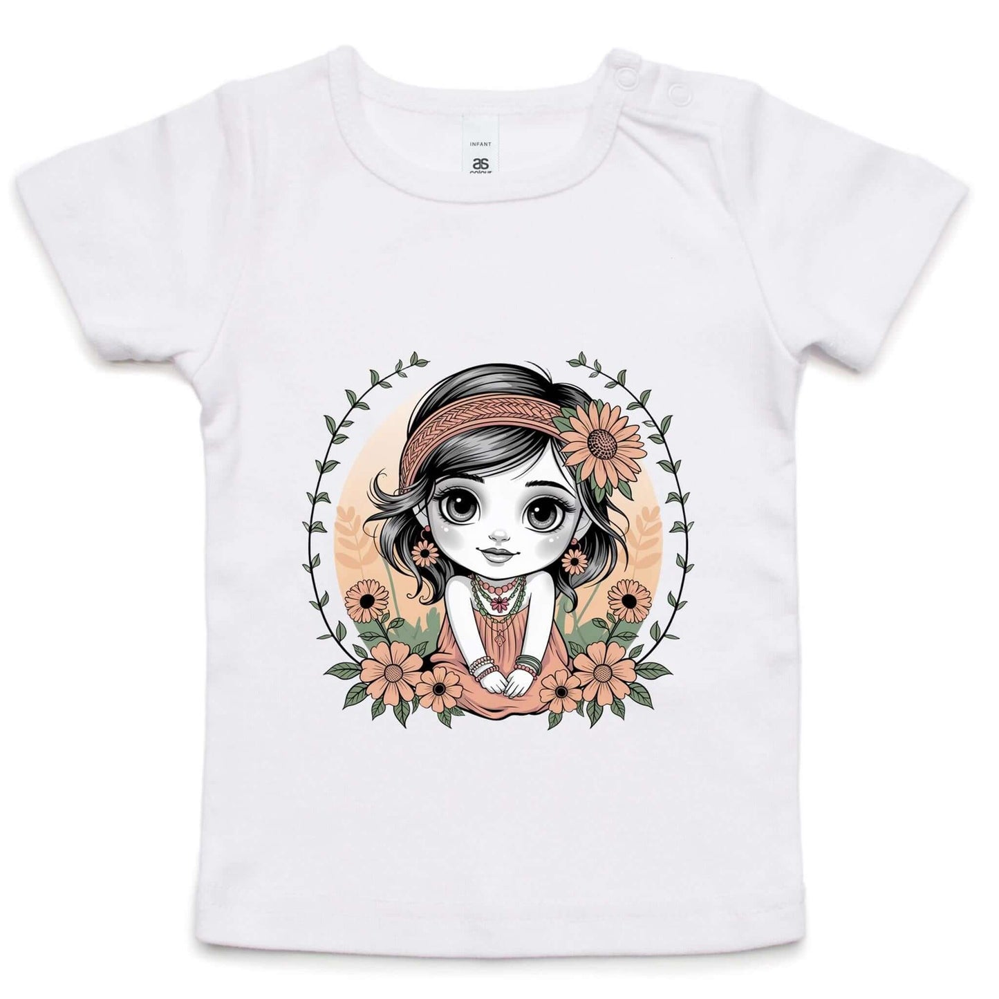 Cute chibi girl surrounded by flowers on a white infant tee shirt, perfect for young girls who love whimsical designs.