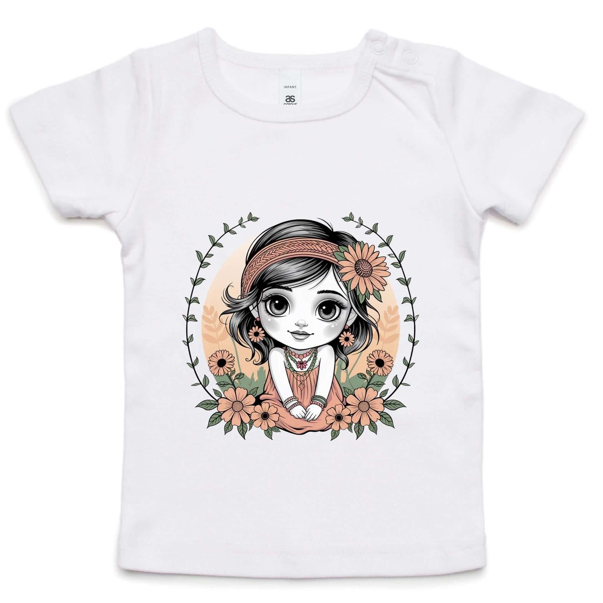 Cute chibi girl surrounded by flowers on a white infant tee shirt, perfect for young girls who love whimsical designs.