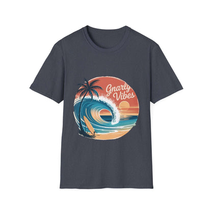Vintage sunset tee hoodie with big wave and palm trees, featuring Gnarly Vibes text, perfect for surf culture enthusiasts.