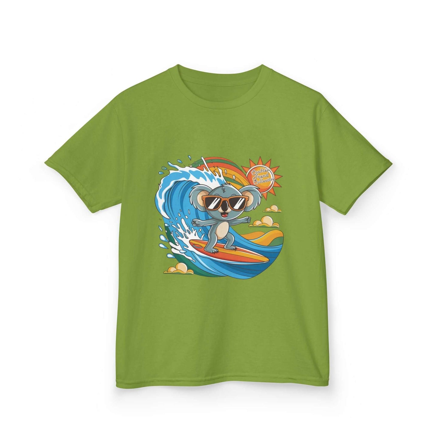 Cute green kid's tee with a cool surfing koala riding a wave, perfect for beach lovers and animal lovers.