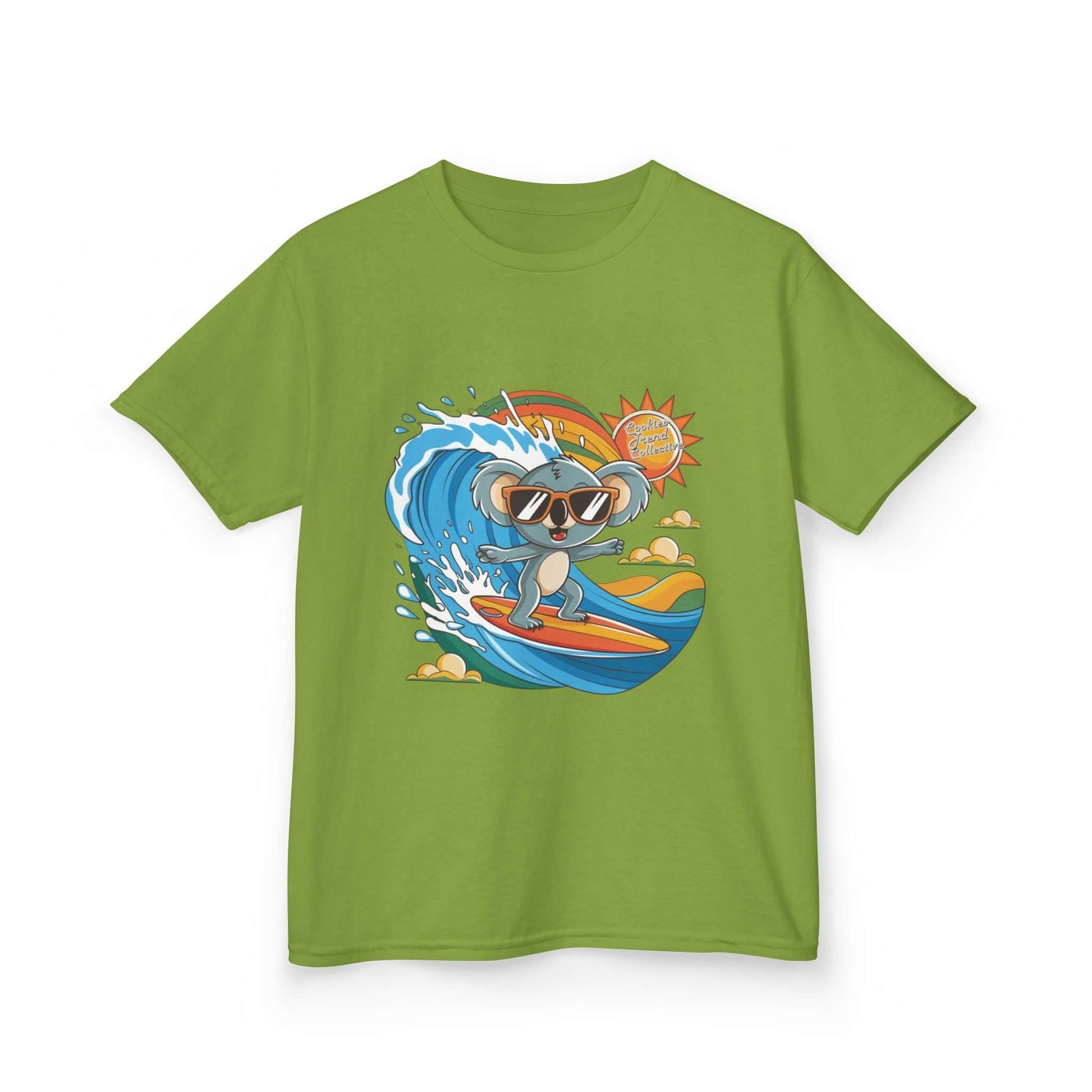 Cute green kid's tee with a cool surfing koala riding a wave, perfect for beach lovers and animal lovers.