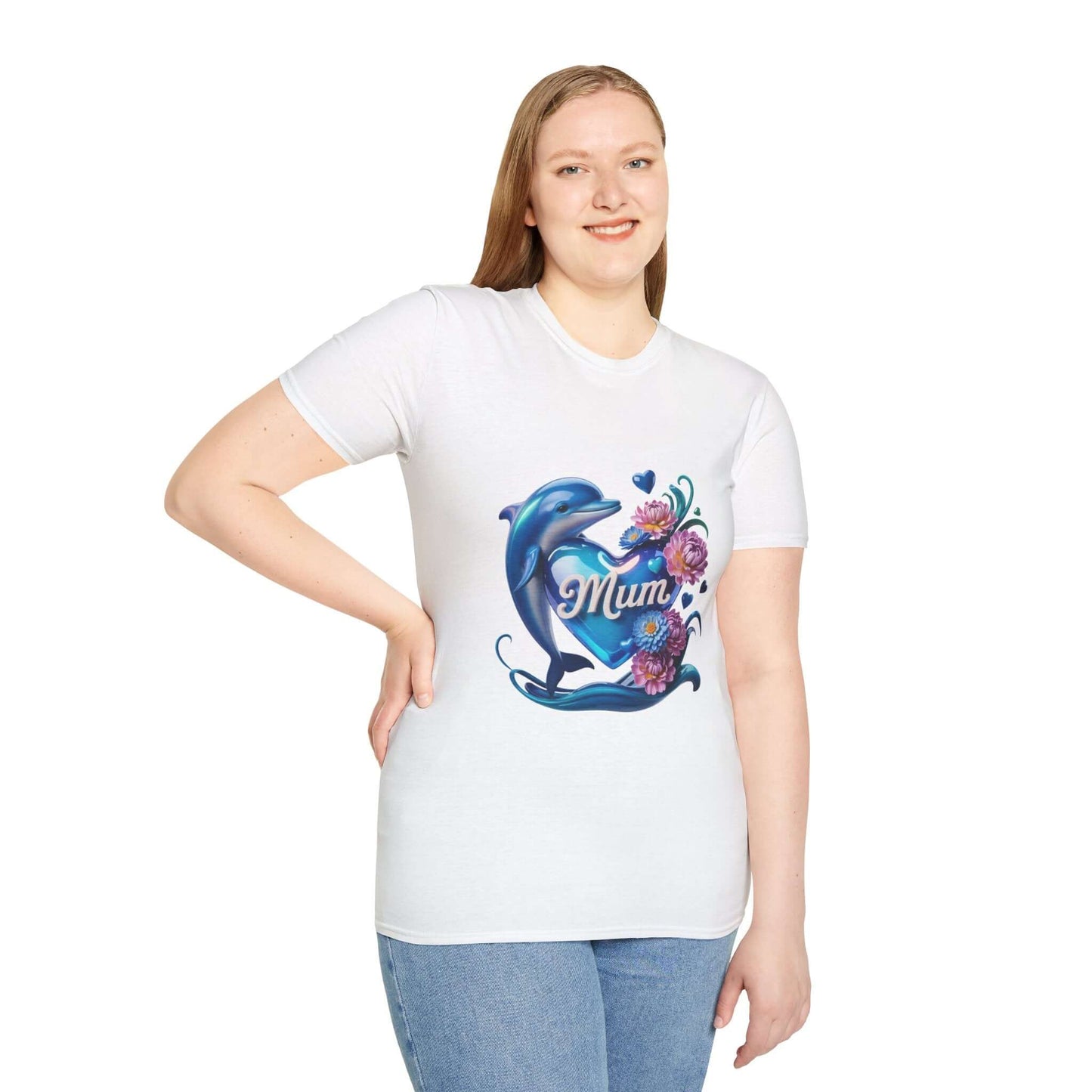 Dolphin Heart Mum T-Shirt featuring a dolphin, flowers, and 'mum' text, perfect for Mother's Day.