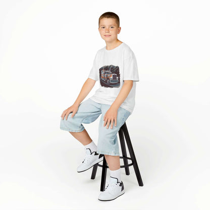 Boy sitting on a stool wearing a Kids Tee with a cool custom old truck design, perfect for truck lovers.