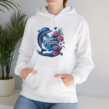 Cozy unisex hoodie with dolphin holding 'Mum' heart and flowers, perfect Mother's Day gift.