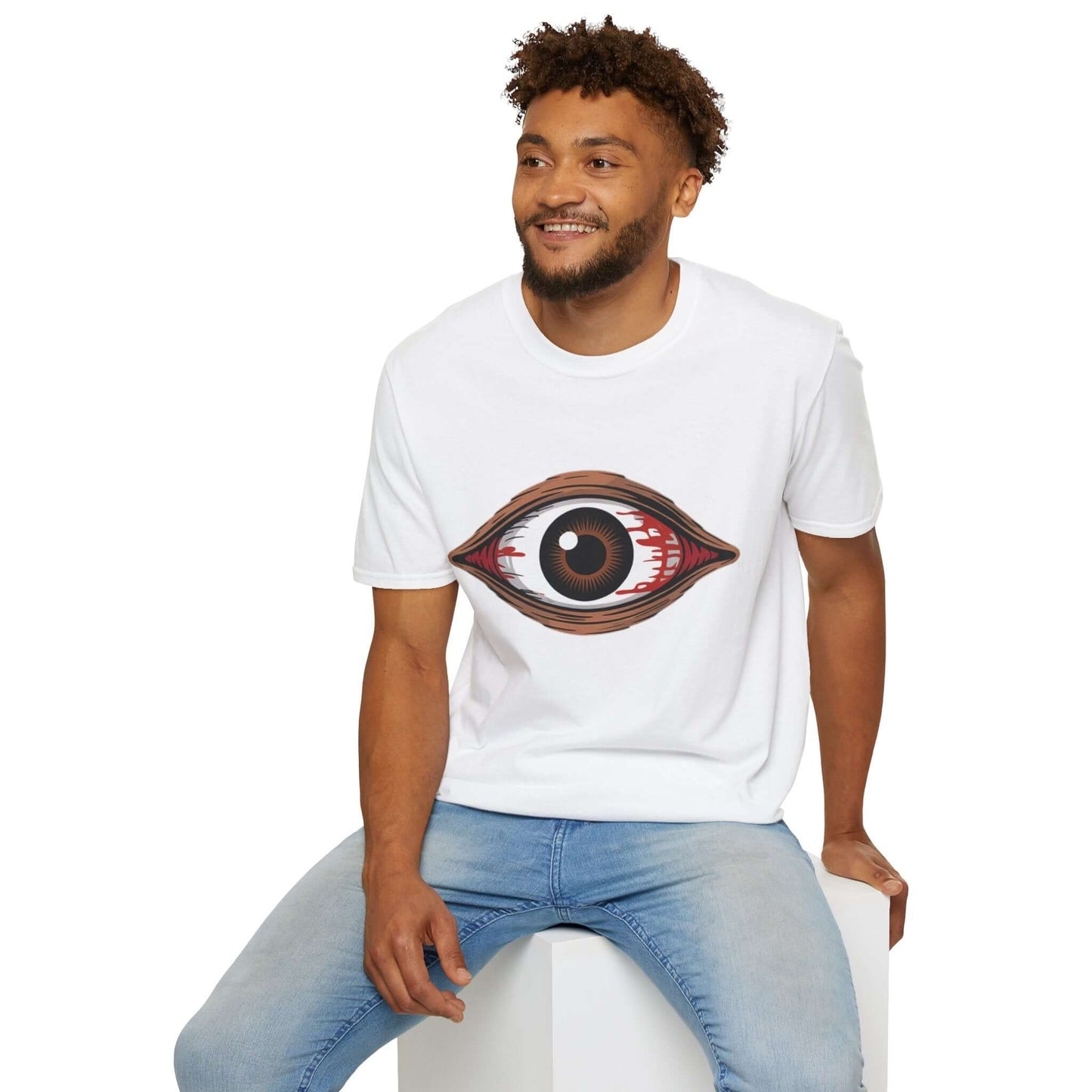 Unisex Bloody Brown Eye T-Shirt worn by a smiling man, perfect for music festivals and Halloween celebrations.
