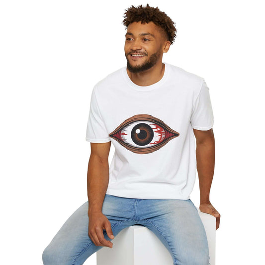 Unisex Bloody Brown Eye T-Shirt worn by a smiling man, perfect for music festivals and Halloween celebrations.