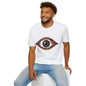 Unisex Bloody Brown Eye T-Shirt worn by a smiling man, perfect for music festivals and Halloween celebrations.