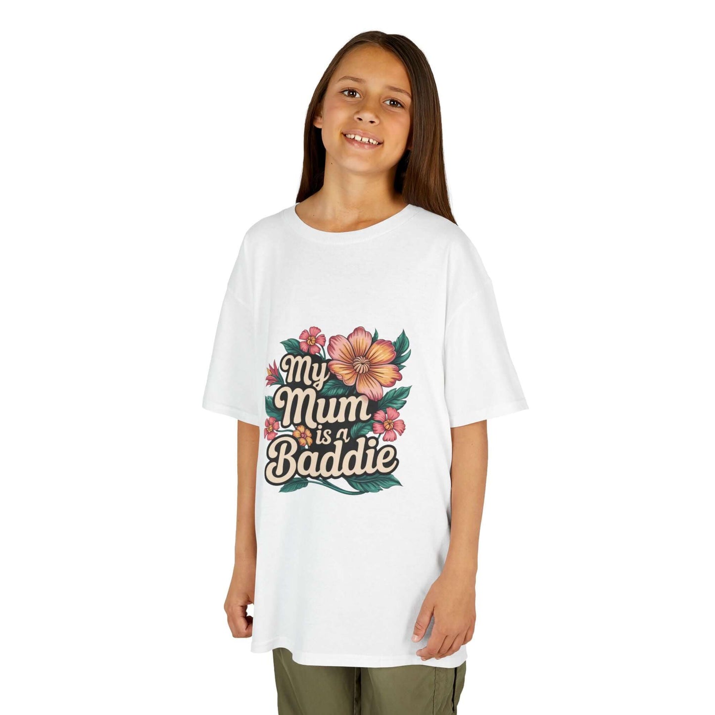 Kids tee featuring tropical flower design with text 'My Mum is a Baddie', perfect for Mother's Day or everyday wear.