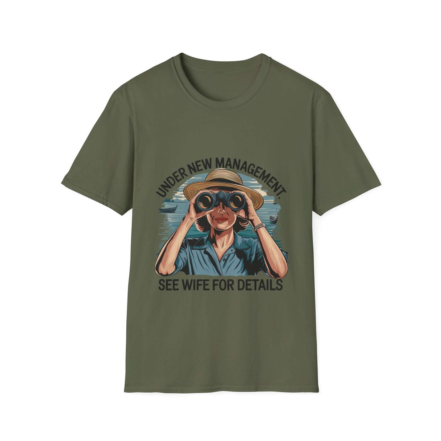 Retro unisex T-shirt with 'Under New Management, See Wife for Details' text and woman in hat using binoculars.