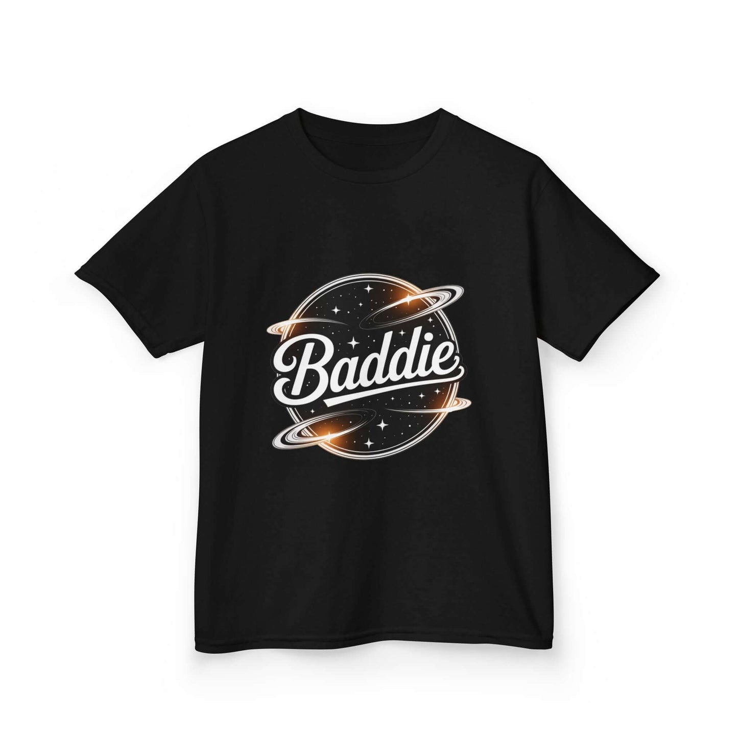 Kids black tee featuring retro 'Baddie' universe design with text, perfect for trendy everyday wear.