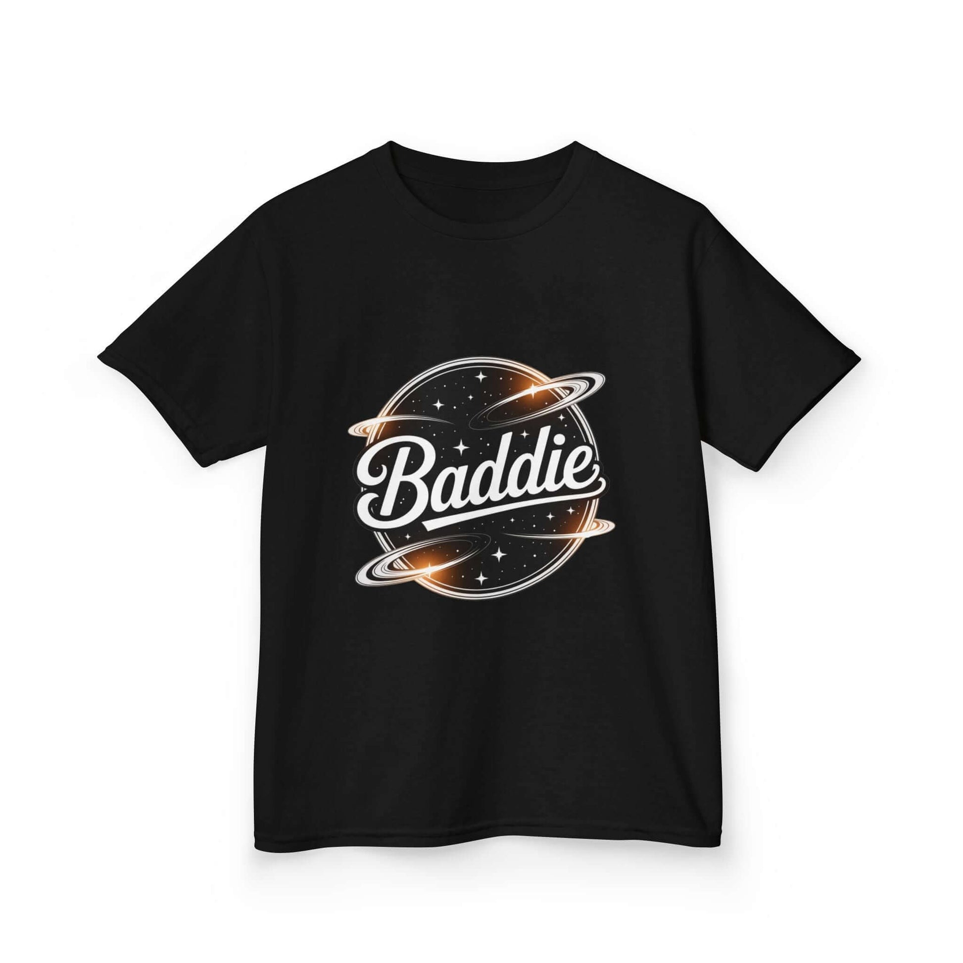 Kids black tee featuring retro 'Baddie' universe design with text, perfect for trendy everyday wear.