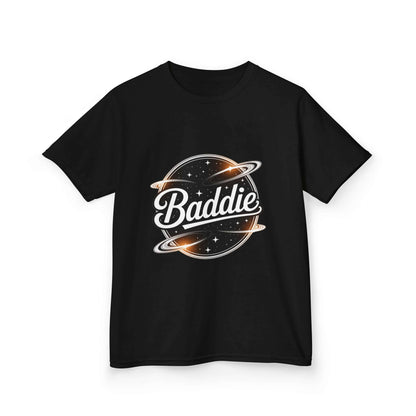Kids black tee featuring retro 'Baddie' universe design with text, perfect for trendy everyday wear.