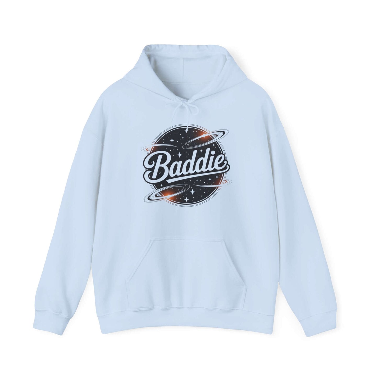 Blue hooded jumper featuring 'Baddie' universe design with retro vibe, perfect for trendy casual wear.