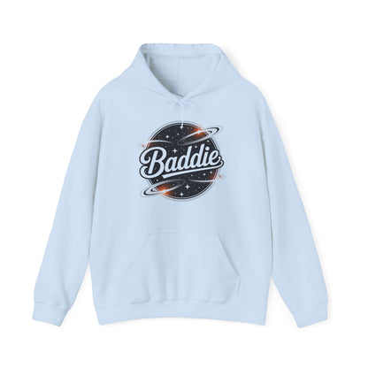 Blue hooded jumper featuring 'Baddie' universe design with retro vibe, perfect for trendy casual wear.