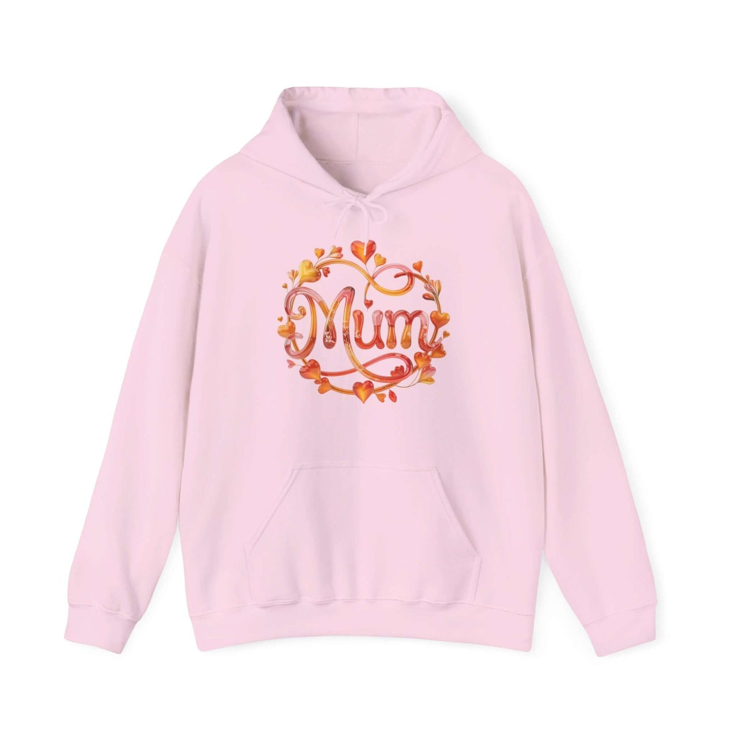 Cozy pink hoodie featuring shimmering 'Mum' design with floral and heart ornate, perfect for Mother's Day.