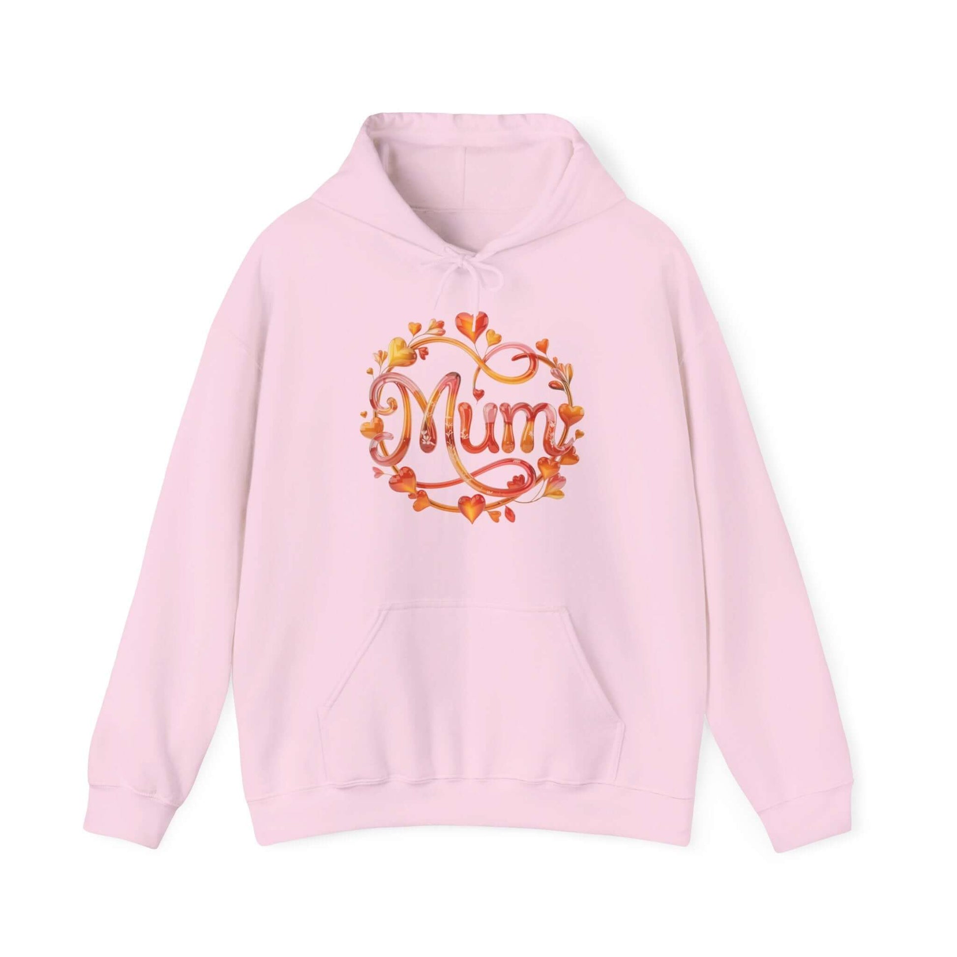 Cozy pink hoodie featuring shimmering 'Mum' design with floral and heart ornate, perfect for Mother's Day.
