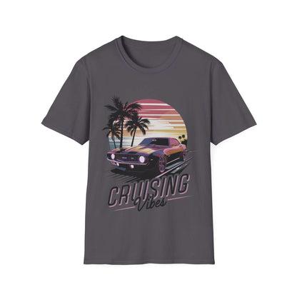 Vintage muscle car sunset T-shirt featuring 'Cruising Vibes' design, perfect for car enthusiasts and retro lovers.