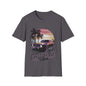 Vintage muscle car sunset T-shirt featuring 'Cruising Vibes' design, perfect for car enthusiasts and retro lovers.