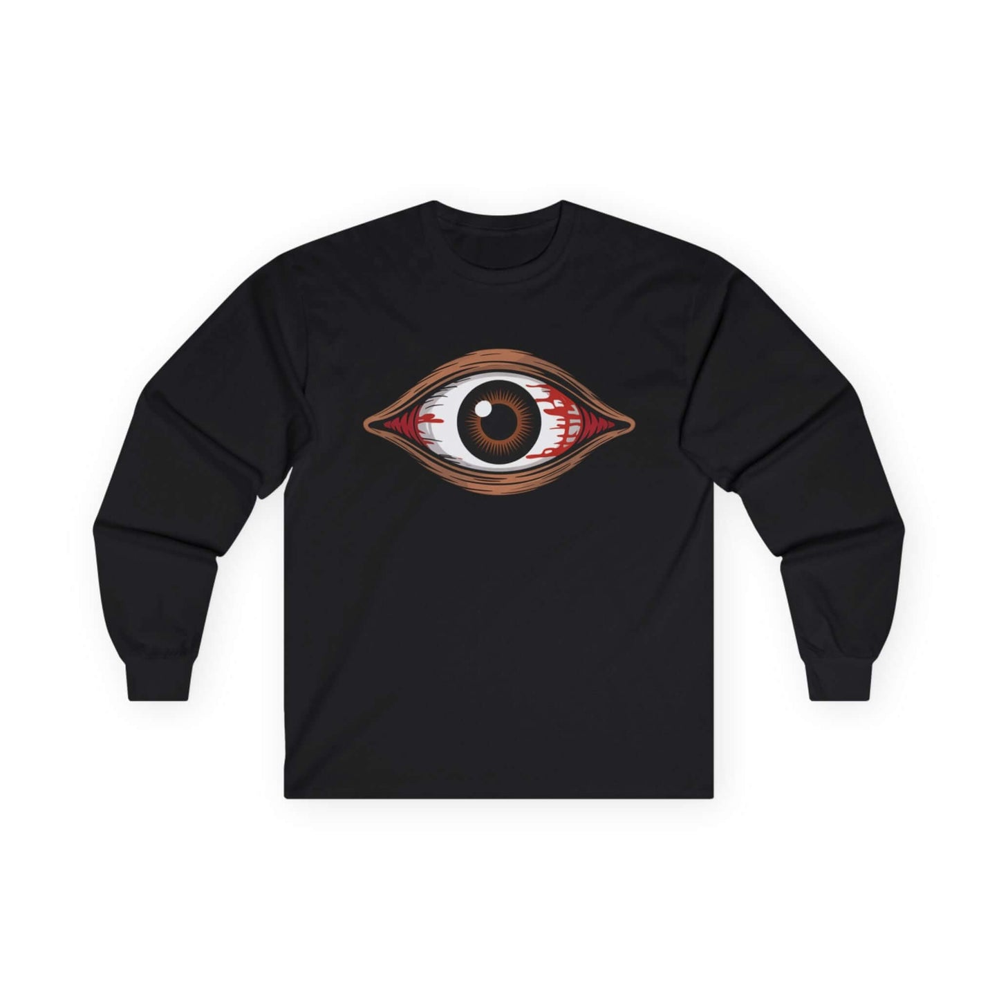 Black long sleeve tee featuring a spooky bloody brown eye design, ideal for music festivals and Halloween.