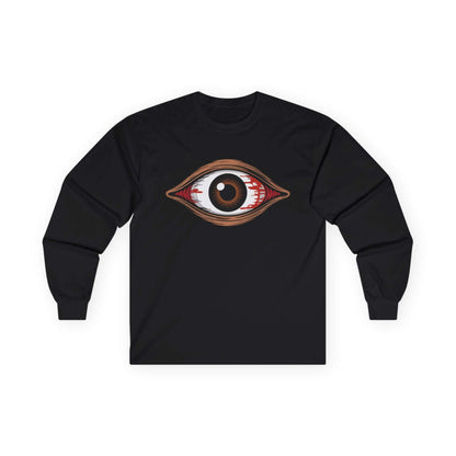Black long sleeve tee featuring a spooky bloody brown eye design, ideal for music festivals and Halloween.