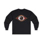 Black long sleeve tee featuring a spooky bloody brown eye design, ideal for music festivals and Halloween.