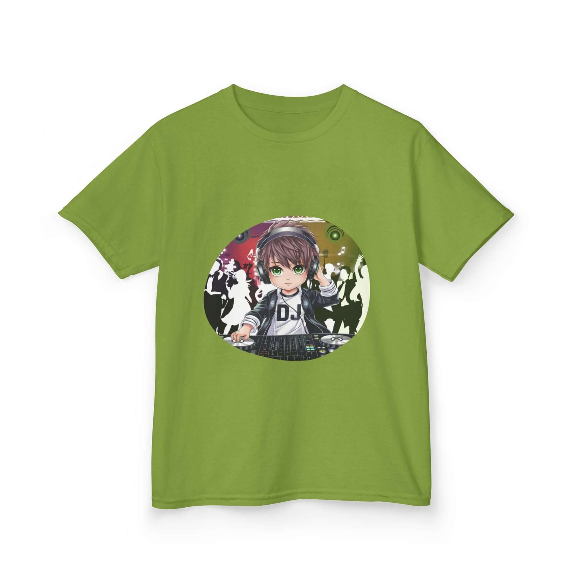 Kids T-Shirt featuring a DJ chibi boy playing music at a party, perfect for young music lovers.