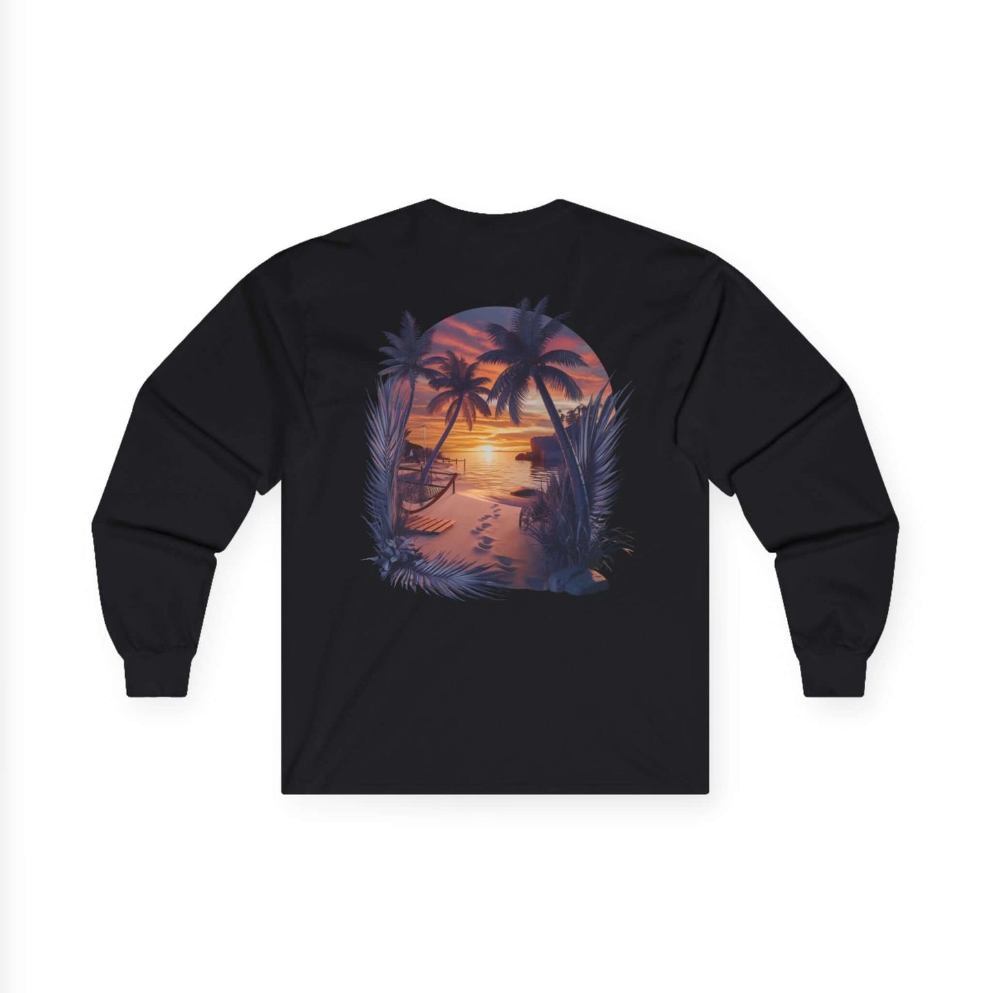 Long sleeve t-shirt featuring tropical sunset beach design with palm trees, perfect for summer vibes and beach lovers.