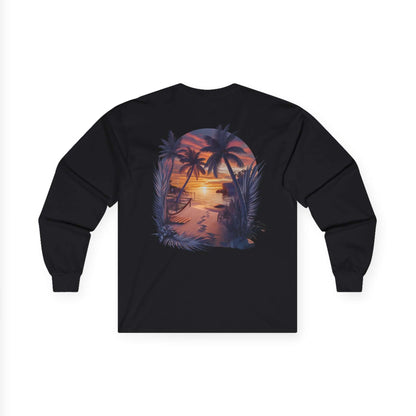 Long sleeve t-shirt featuring tropical sunset beach design with palm trees, perfect for summer vibes and beach lovers.