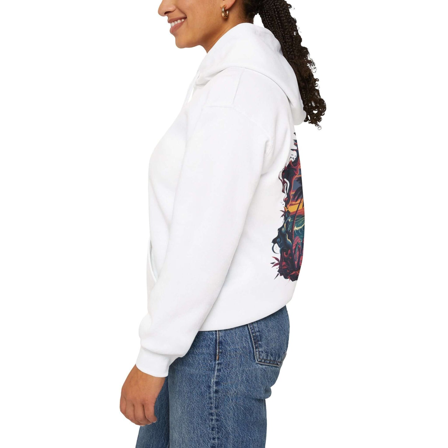 Hooded sweatshirt featuring tropical sunset design, perfect for casual beach vibes and summer outings.