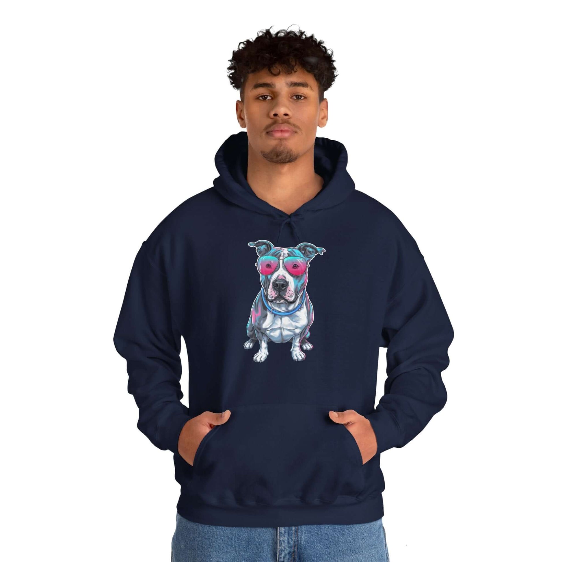 Unisex navy Pit Bull Synth-Wave Hoodie featuring a pit bull wearing pink sunglasses with a retro synth-wave design.