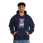 Unisex navy Pit Bull Synth-Wave Hoodie featuring a pit bull wearing pink sunglasses with a retro synth-wave design.