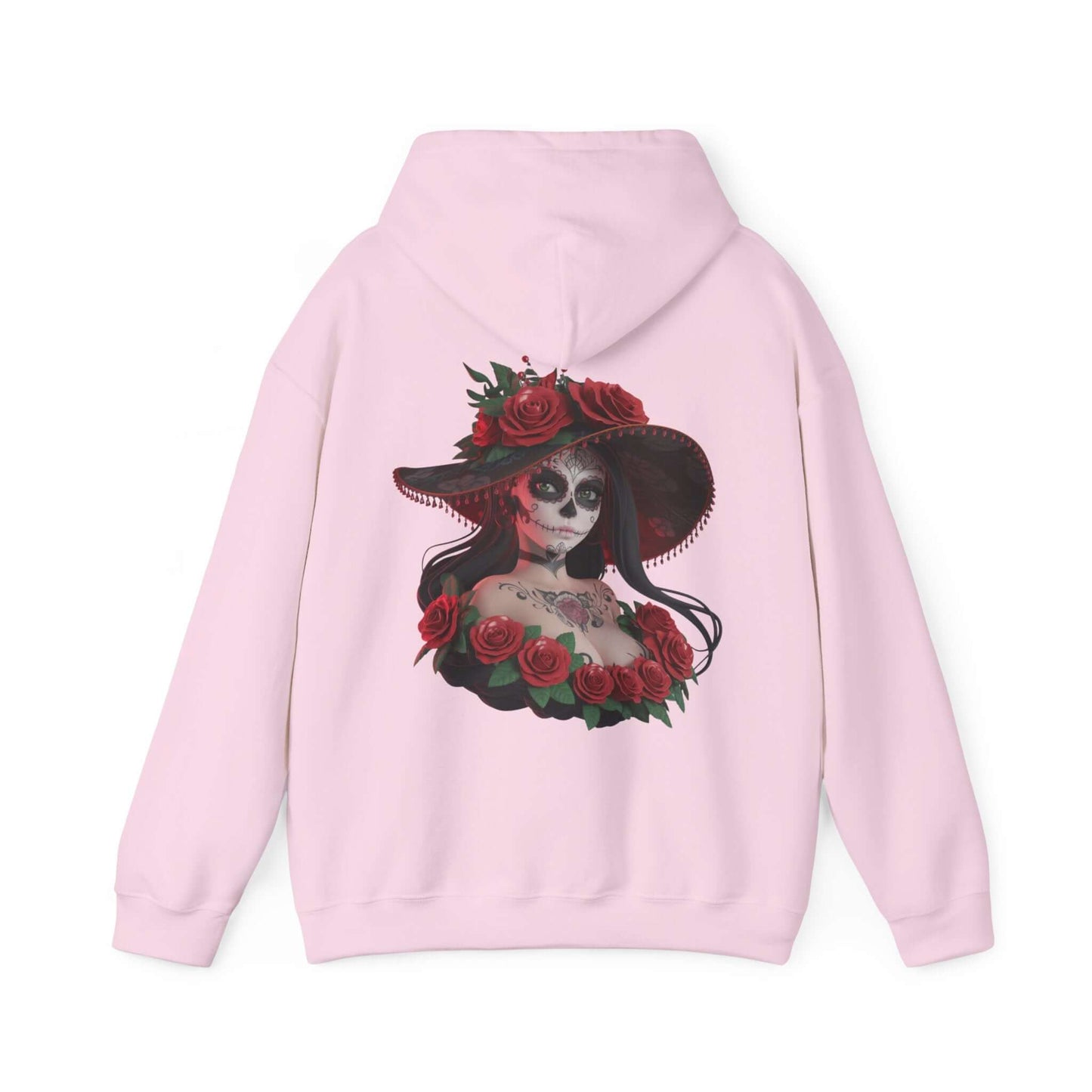 Chibi style woman with sugar skull makeup and roses on a pink hoodie, perfect for Halloween and Day of the Dead.