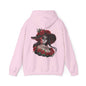 Chibi style woman with sugar skull makeup and roses on a pink hoodie, perfect for Halloween and Day of the Dead.