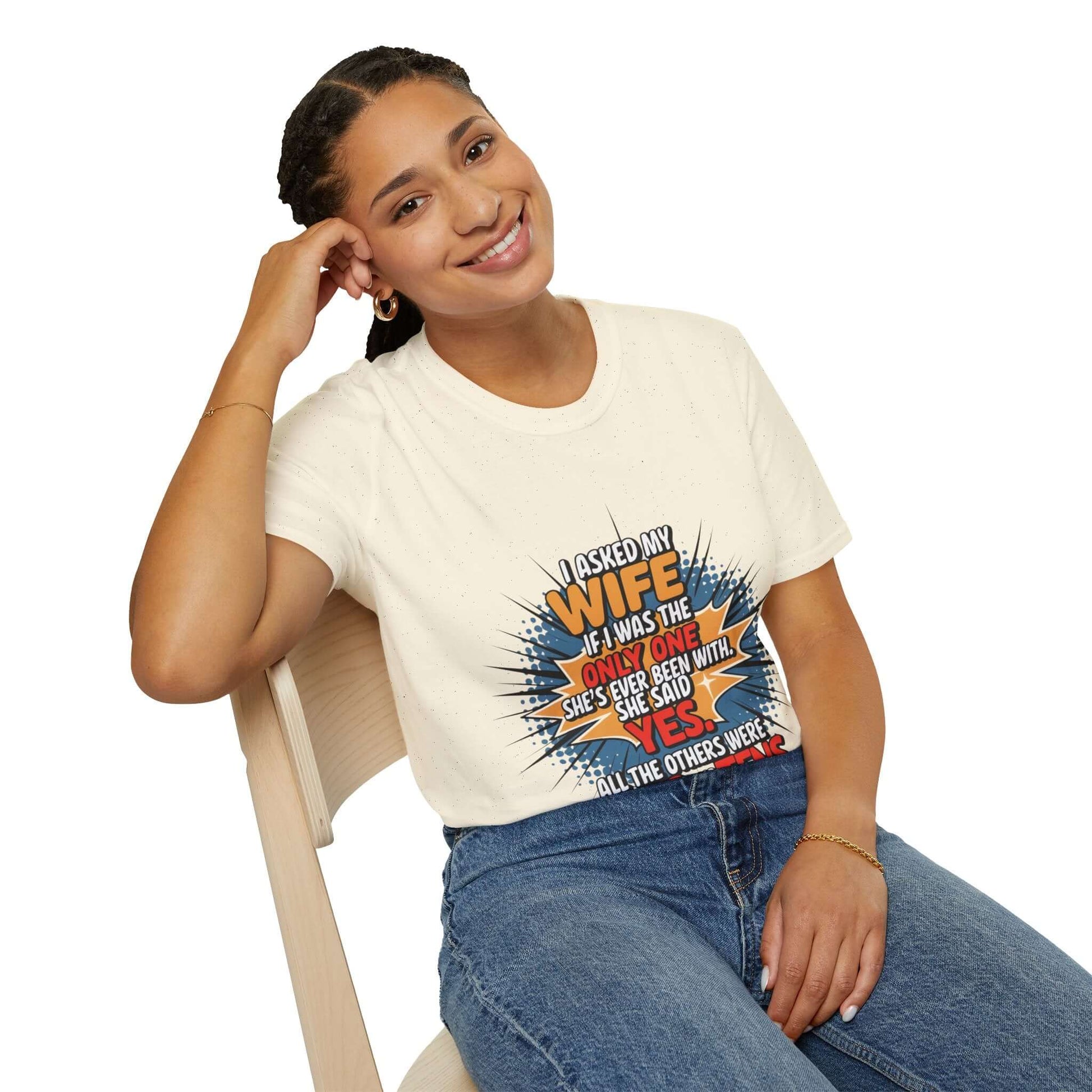 Funny quote unisex T-shirt featuring a colorful cartoon graphic design, perfect conversation starter, worn by a smiling woman.