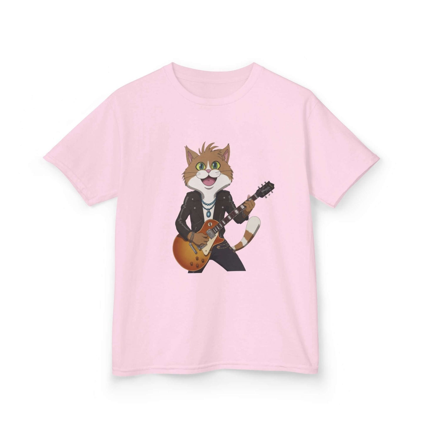 Pink Kid's Tee with a rock and roll cat playing guitar design, perfect for music and cat lovers.