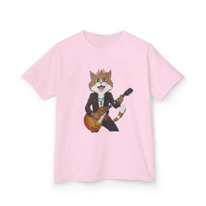 Pink Kid's Tee with a rock and roll cat playing guitar design, perfect for music and cat lovers.