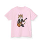 Pink Kid's Tee with a rock and roll cat playing guitar design, perfect for music and cat lovers.