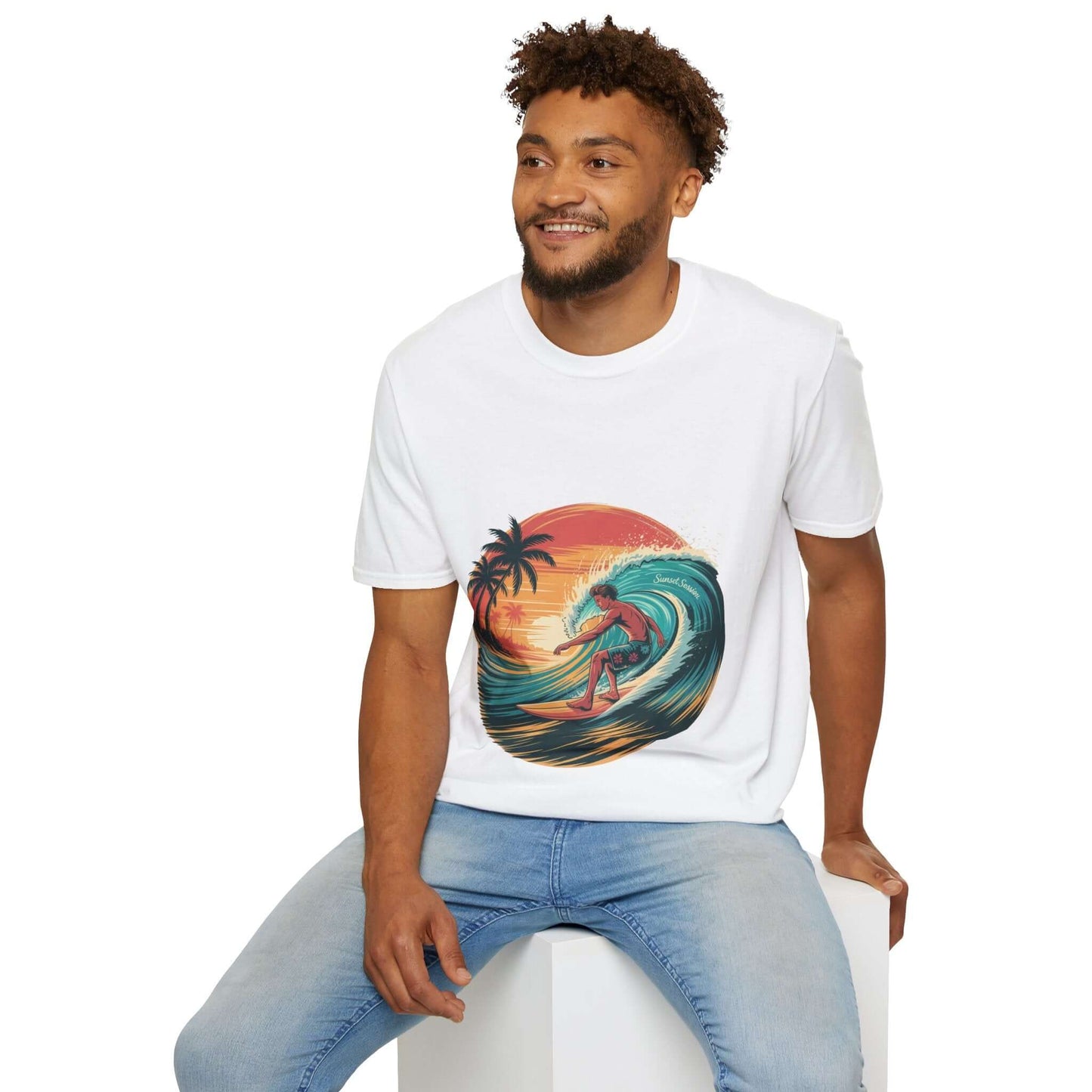 Vintage surfer T-shirt with a lone surfer riding a turquoise wave beneath a stunning sunset, perfect for beach lovers.