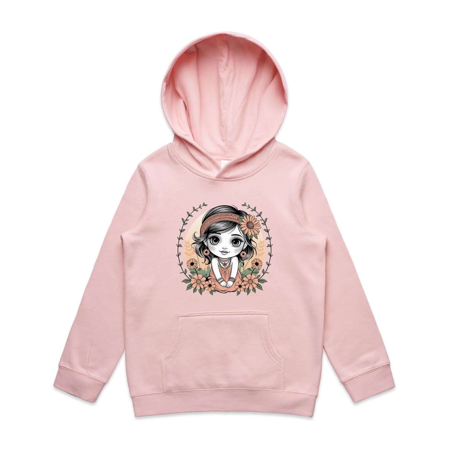 Cute chibi girl surrounded by flowers on a pink kids hoodie, perfect for young girls who love whimsical designs.
