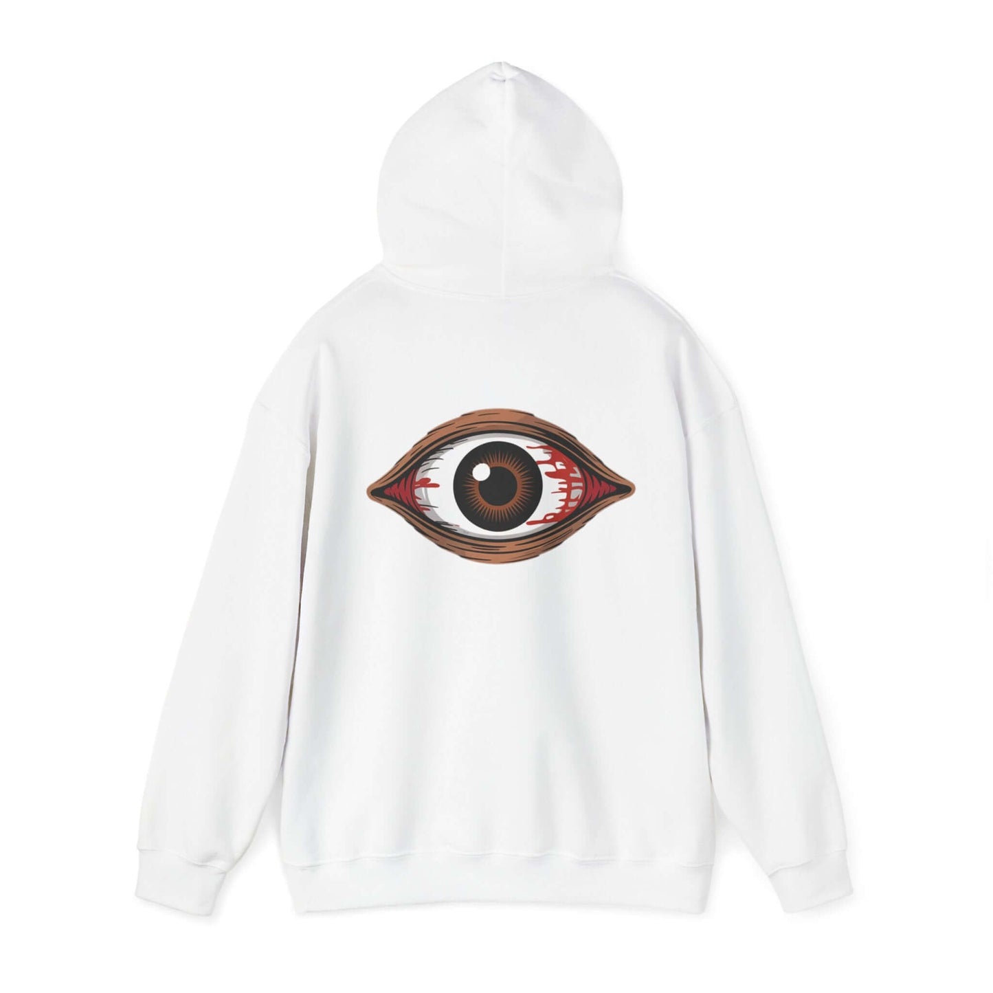 Back view of a white hoodie featuring a spooky bloody brown eye design, ideal for music festivals and Halloween.